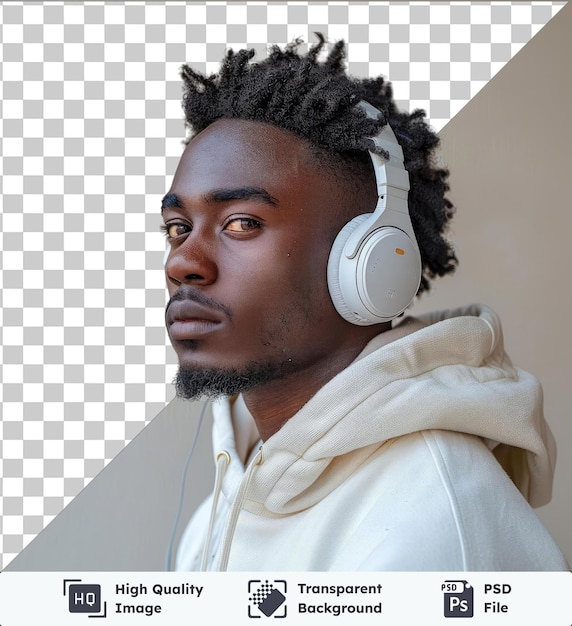 PSD psd with transparent young african man looking suspiciosly at camera standing in profile over white wall with his wireless headphones over neck copy space