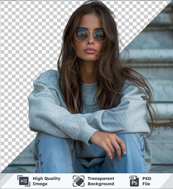 PSD psd with transparent young beautiful brunette girl sitting on the steps of hipster glasses uropeans woman fashion sunglasses young beautiful joy