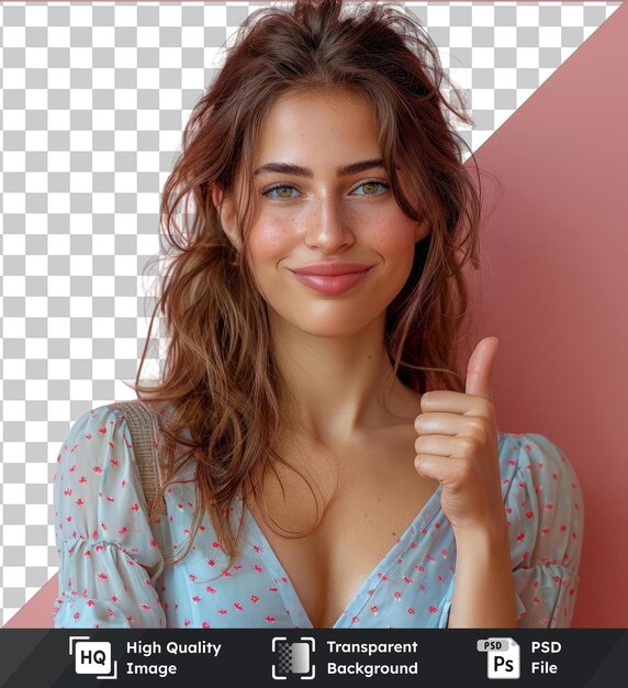 Psd with transparent young beautiful woman over isolated doing happy thumbs up gesture with hand approving expression looking at the camera with showing success