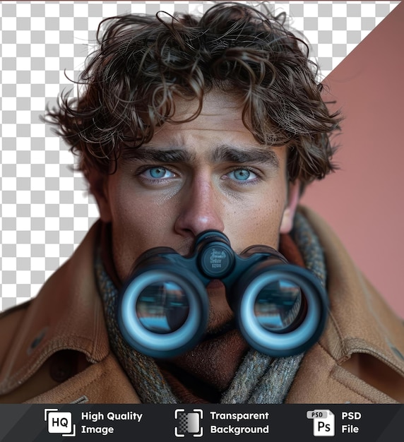 PSD psd with transparent young handsome businessman looking into future with binoculars