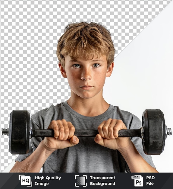 PSD psd with transparent young teenage boy exercising with dumbbells isolated on isolated background