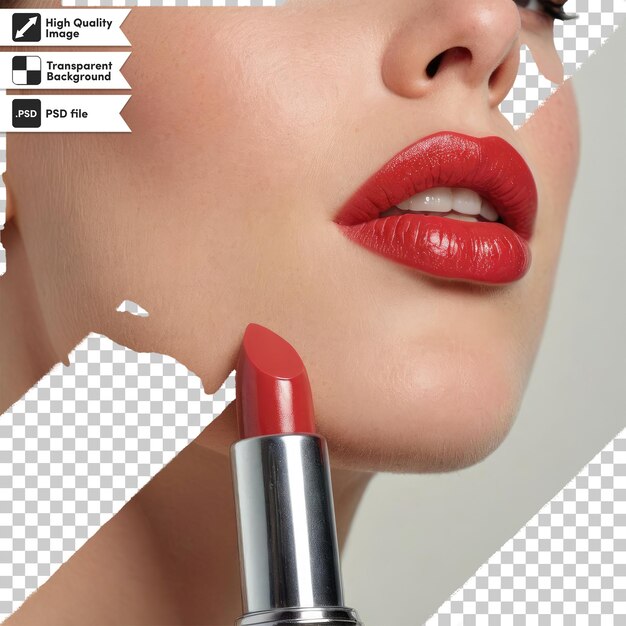 PSD psd woman applying lipstick red lipstick on transparent background with editable mask layer