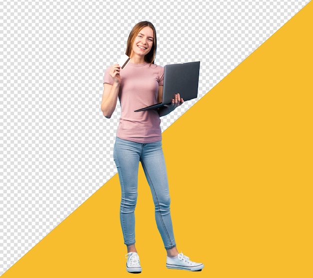 透明な背景でコーヒーを握っている女性がラップトップとサインを握っているPSD