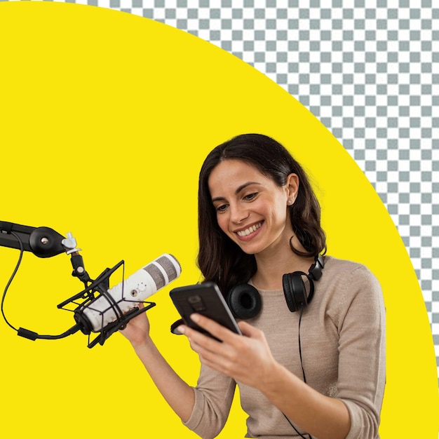 psd woman holding a microphone and a microphone with the words transparent background