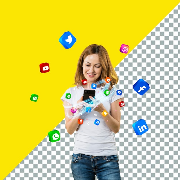 psd a woman holding a phone with the word facebook on it