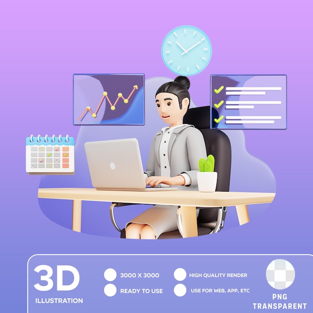 PSD vr 안경을 입은 psd 여성이 사무실에 앉아 3d 일러스트레이션