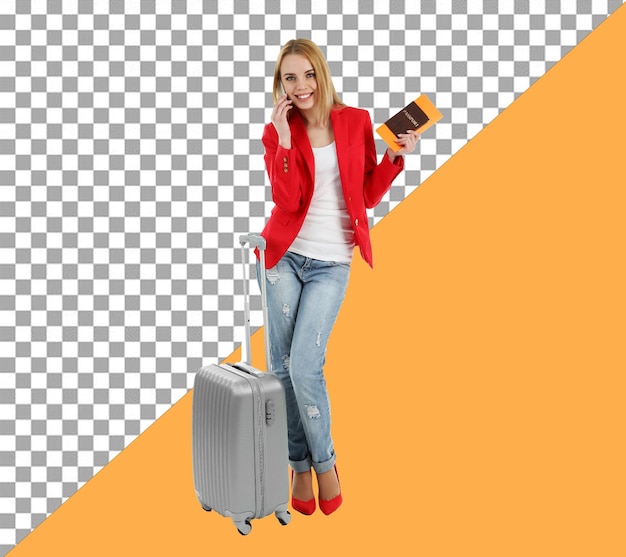 PSD a woman in a red jacket with a suitcase and a phone in her hand with transparent background