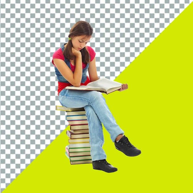 psd a woman sits on a stack of books with a green background