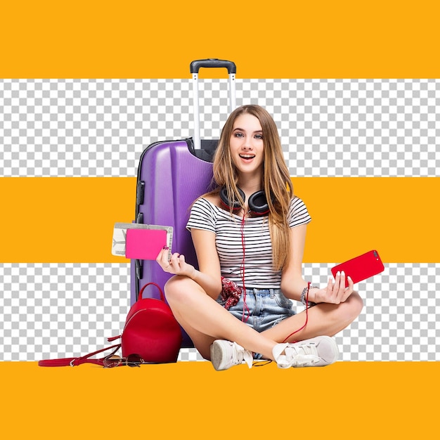 PSD woman sits on a suitcase with a pink card in front of her with transparent background