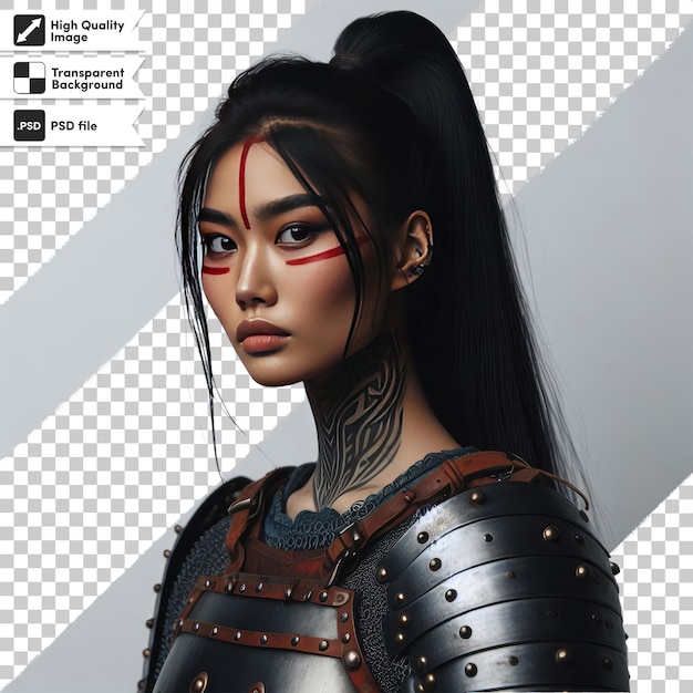 PSD バイキング女性の肖像画 透明な背景に剣を掲げて 編集可能なマスクレイヤー