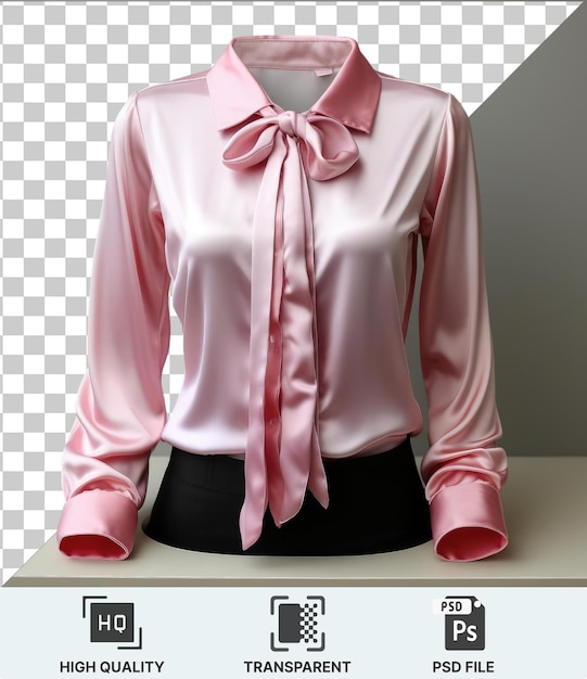 PSD psd a woman wearing a pink shirt and black skirt stands in front of a gray and white wall accessorized with a pink bow