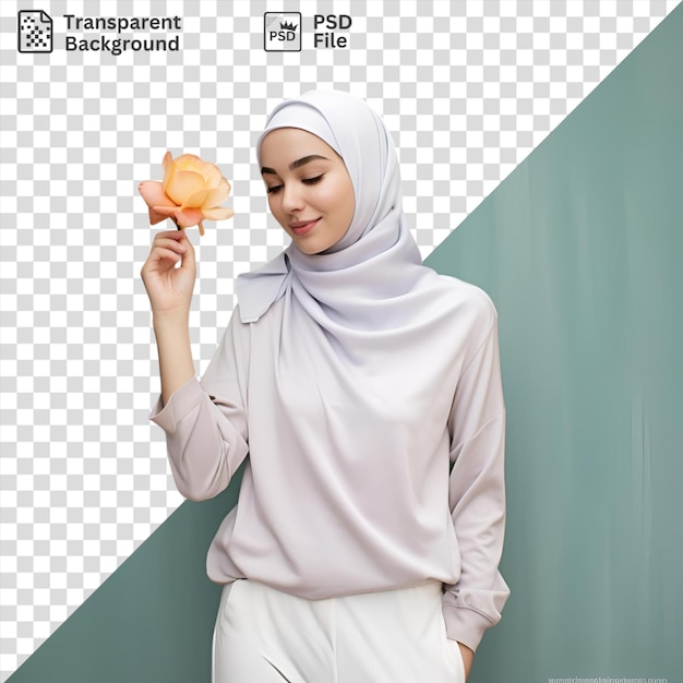 Psd a woman wearing a white shirt and pants stands in front of a green and blue wall holding an orange flower in her hand
