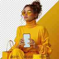 PSD psd woman wearing yellow with bags and holds mobile phone showing the app for shopping online