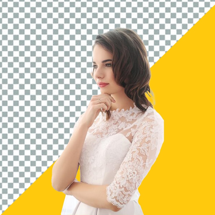 PSD psd woman in a white dress stands in front of a yellow transparent background
