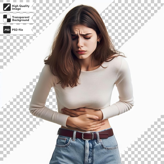 PSD psd woman with back pain on transparent background with editable mask layer