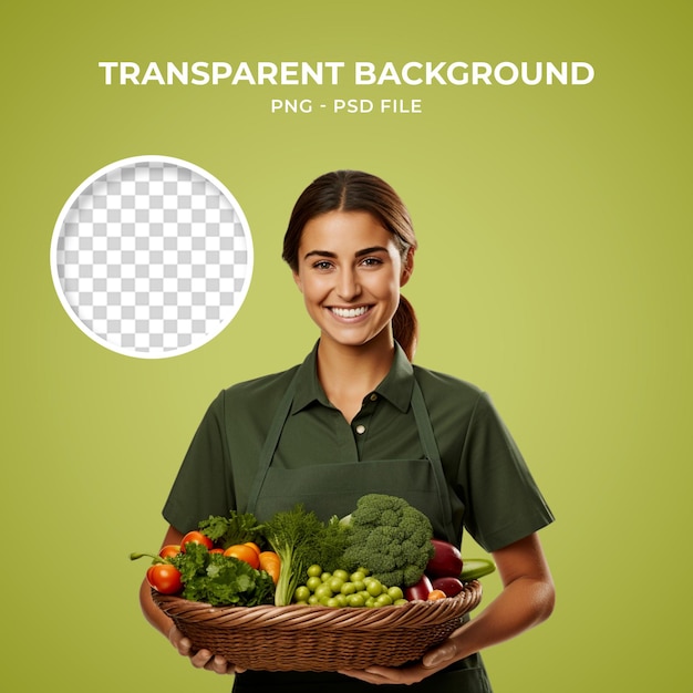 Psd woman with basket full of vegetables png transparent