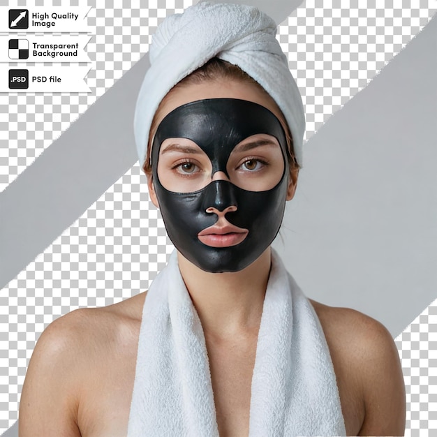 PSD donna psd con maschera cosmetica nera sul viso su sfondo trasparente con strato di maschera modificabile