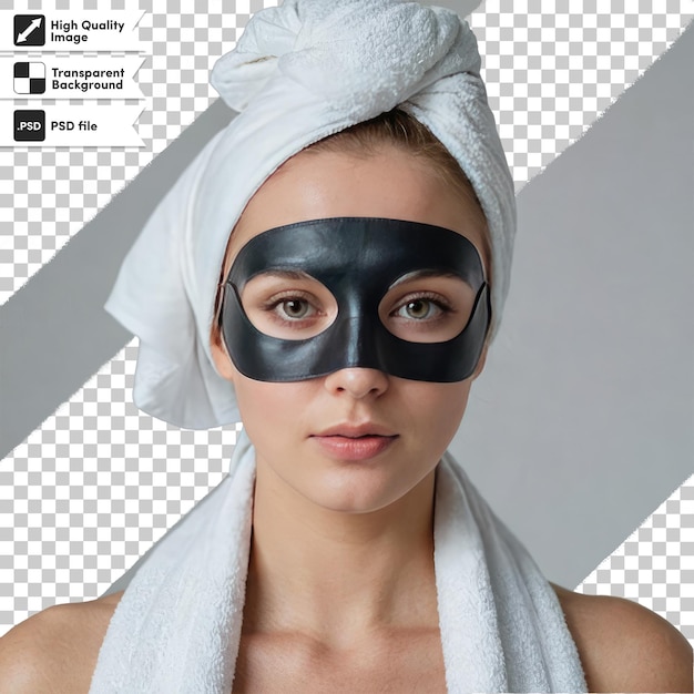 Donna psd con maschera cosmetica nera sul viso su sfondo trasparente con strato di maschera modificabile