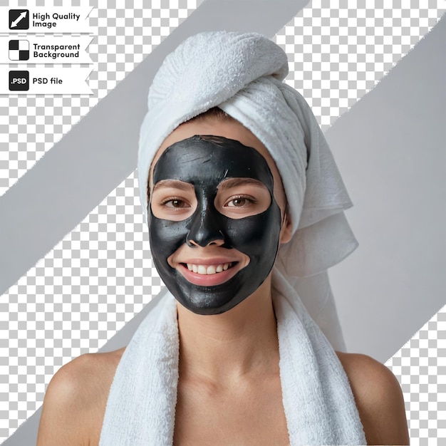 PSD Женщина psd с черной косметической маской на лице на прозрачном фоне с редактируемым слоем маски