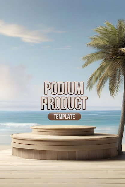 Psd wood podium with plam sand sea and sky in summer scene for product presentation background