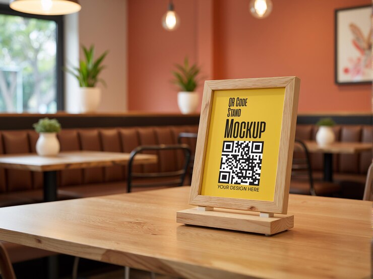 PSD psd wooden frame menu stand mockup with yellow card in modern restaurant interior