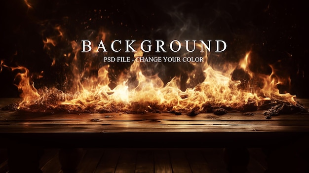 PSD psd wooden table with fire burning background