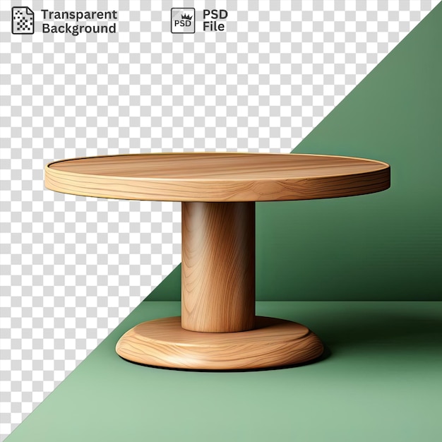 Psd a wooden table with a round base against a green wall