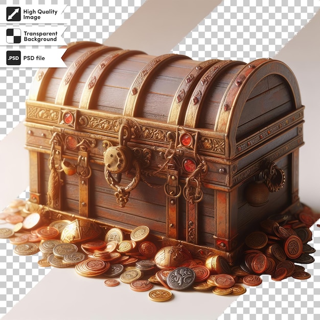 Psd wooden treasure chest with coins on transparent background with editable mask layer