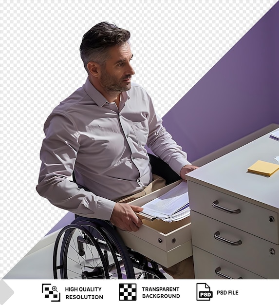 PSD psd working mood in the office a man in a black wheelchair sits at a white desk with a white drawer and metal silver handle nearby he wears a gray shirt and has brown hair the background png