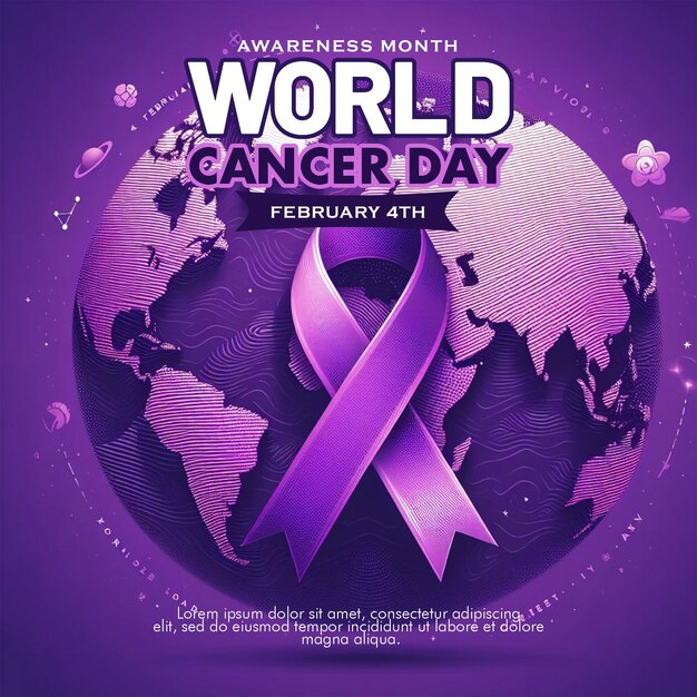 PSD psd world cancer day purple ribbon social media post template with world cancer day 3d background