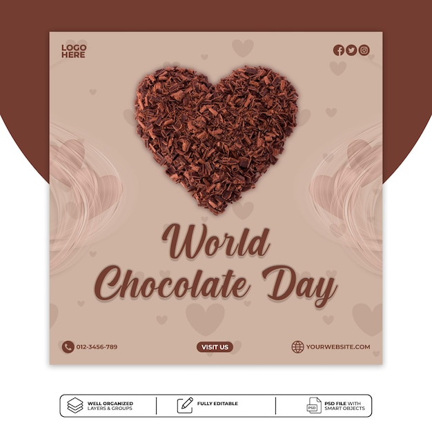 Psd modello di volantino per poster di banner per post sui social media per la giornata mondiale del cioccolato