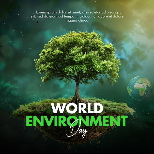 Psd world environment day poster and banner with green world with tree background