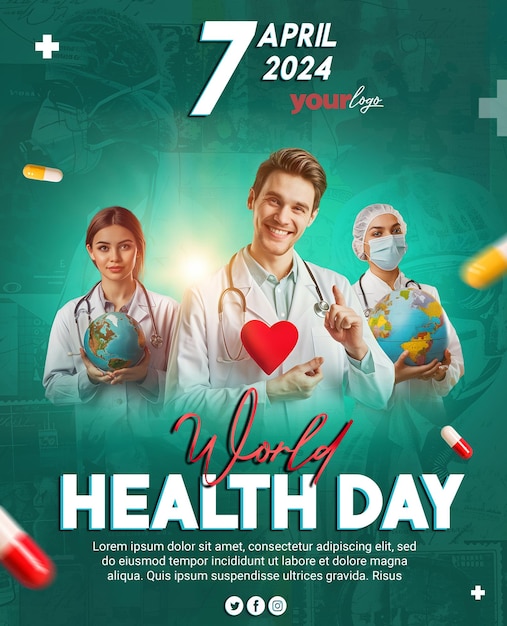 Psd world health day 7th april with photo for social media editable post health day celebration