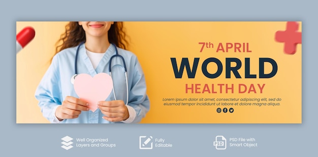 Psd world health day banner design per il post sui social media giorno della salute 7 aprile effetto testo modificabile