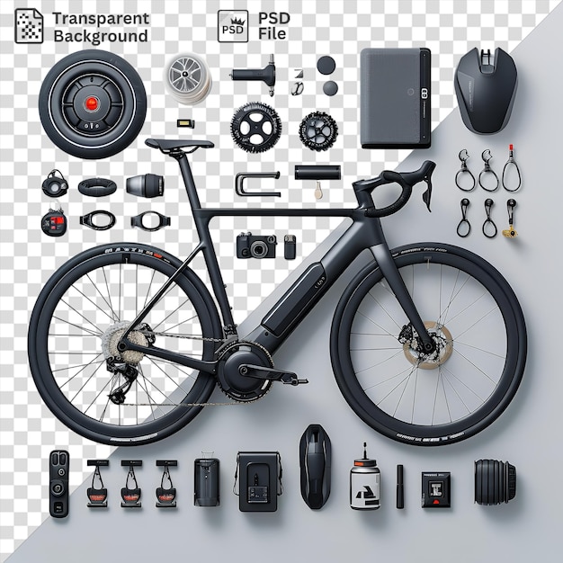 PSD psd wysokiej wydajności elektryczny rower i akcesoria zestaw wyświetlany na białej ścianie z czarnymi kołami, czarnym kierownicą i czarnym i szarym głośnikiem