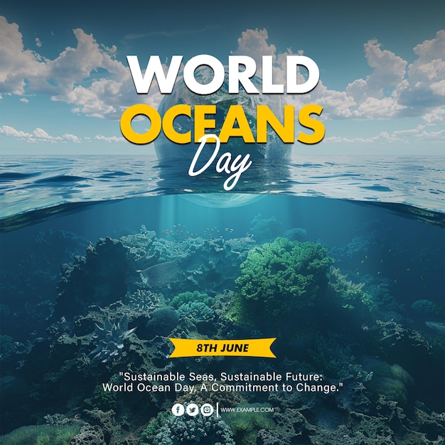 PSD psd wzorzec plakatów na światowy dzień oceanów z morzem i pod oceanem na tle