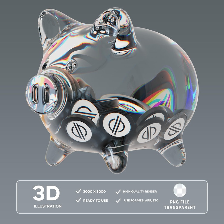 PSD 3d 일러스트레이션으로 암호화폐의 어리가 줄어드는 psd xlm 투명 유리 돼지 은행