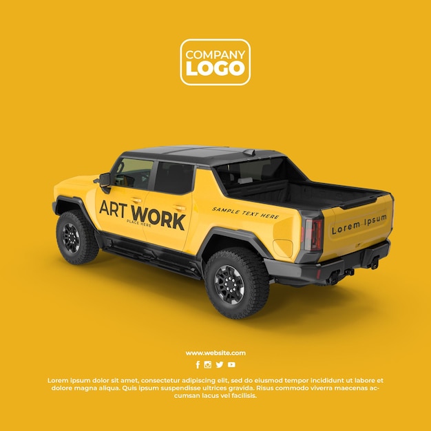 Psd yellow color electric pickup truck mockup with alpha background