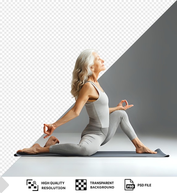 PSD psd yoga poses for beginners a woman with blond hair sits on a black mat on a gray and white floor with her bare feet and hands visible png