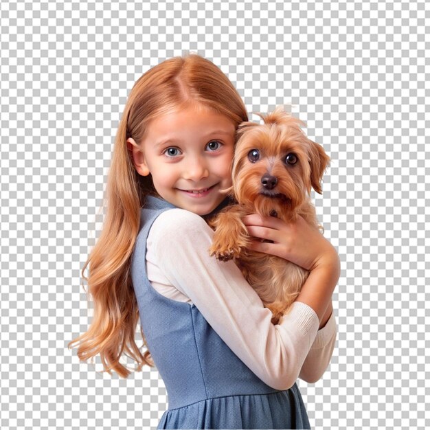 Psd of a young girl carrying her dog on transparent background