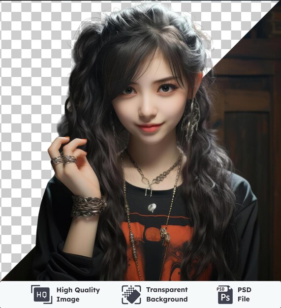 PSD psd a young girl with long black hair wearing a black shirt and silver jewelry including a silver ring necklace and earring stands in front of a wooden door her