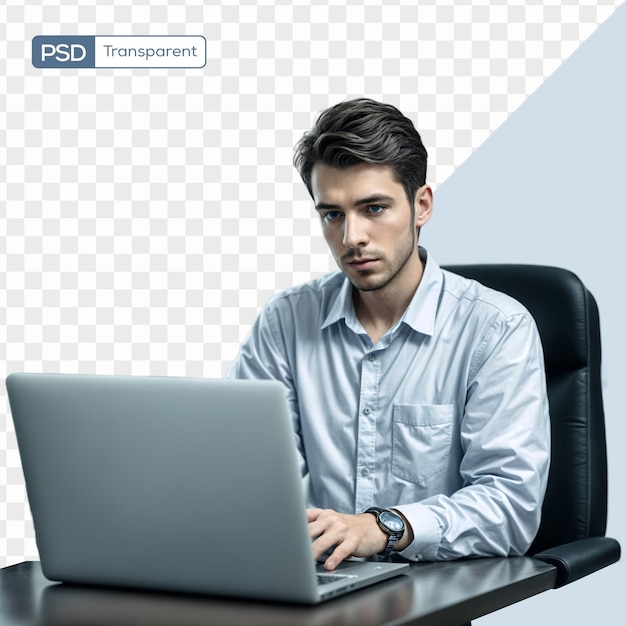 Psd young man in an office contented working on a laptop transparent background