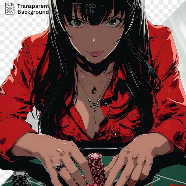 PSD psd yumeko jabami из kakegurui с черными волосами и золотым ожерельем играет в игру со своими белыми руками, в то время как ее черный глаз смотрит