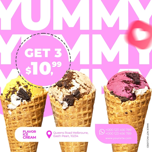 PSD psd yummy ice cream con tipografia background design per i social media e il modello di post di instagram