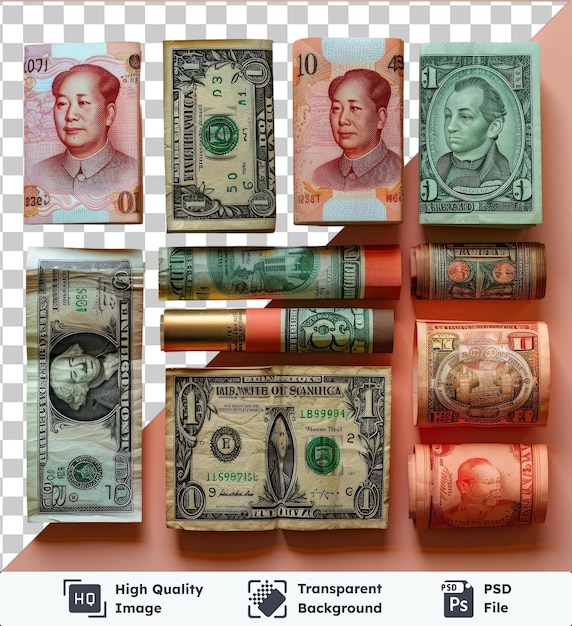 PSD psd z przejrzystą międzynarodową kolekcją walut ustawioną na różowym tle