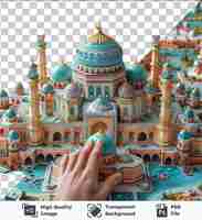 PSD psd z przezroczystą matą puzzlową na temat ramadanu z niebieskim budynkiem i wieżą oraz ręką trzymającą puzzla