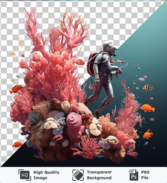 PSD psd z przezroczystym 3d animowanym nurkiem badającym tętniący życiem rafy koralowej