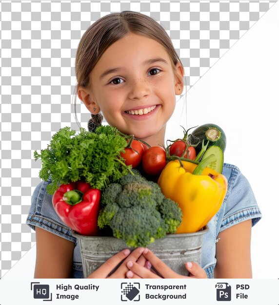 PSD psd z przezroczystym portretem izolowanym zdrowej dziewczyny trzymającej warzywa w pojemniku