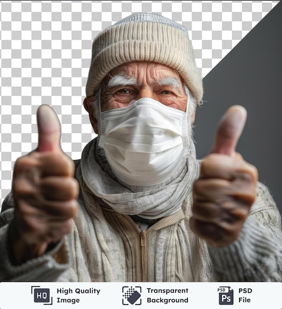 PSD psd z przezroczystym starszym mężczyzną noszącym maskę na twarz pokazującym znak kciuk w górę
