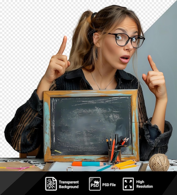 PSD psd zaskoczył młodą nauczycielkę noszącą okulary trzymającą i wskazującą mini tablicę siedzącą na biurku